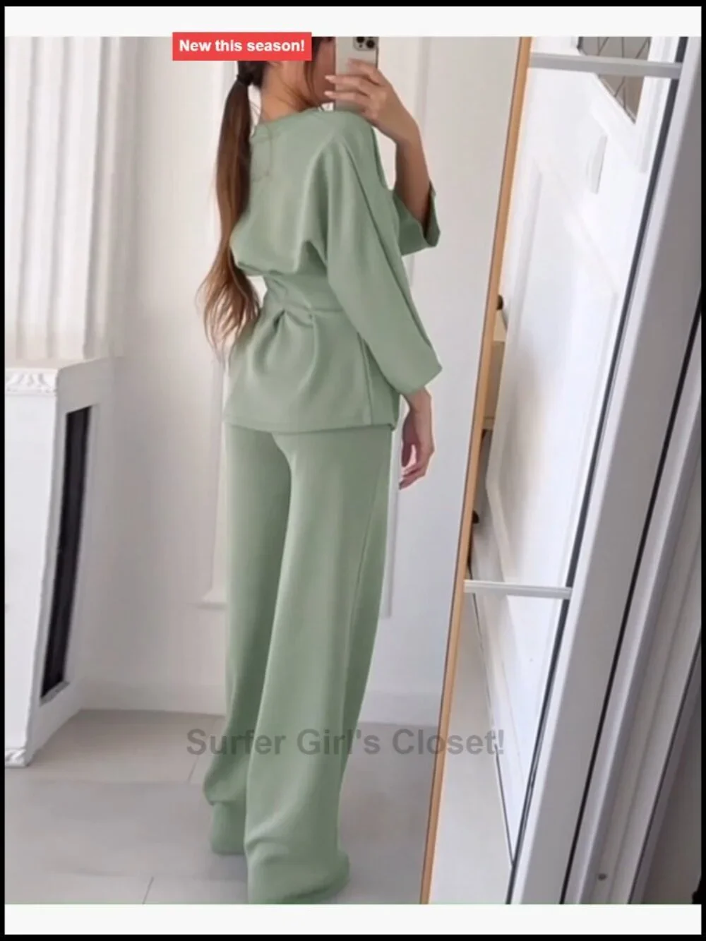 Women's 2 Piece Outfits Long Sleeve Ruched Top Wide Leg Pants Set Business